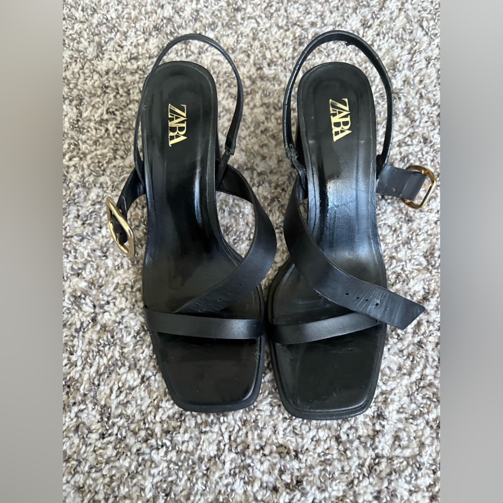 Zara Black Strappy Heels with Gold Buckle